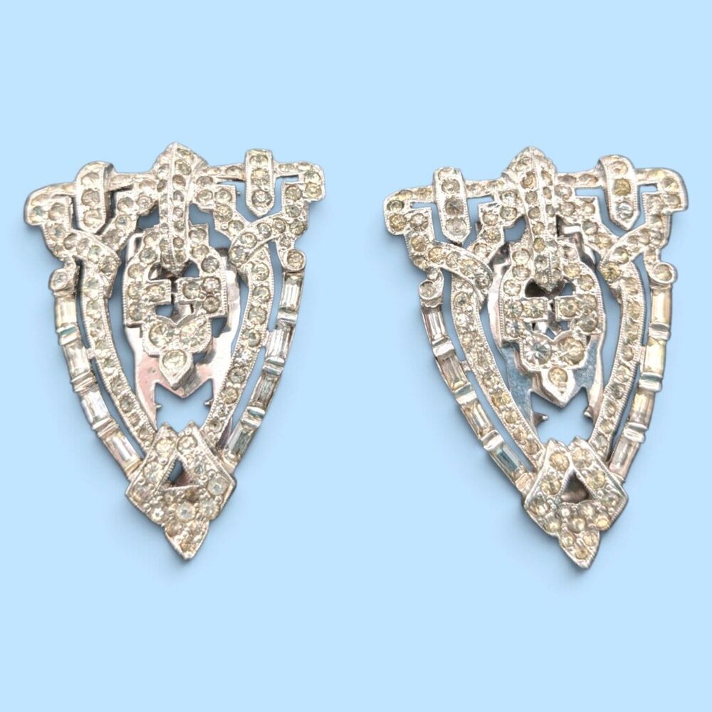 Vintage Rhinestone Dress Clips Pair Art Deco Style Silver Tone Baguette